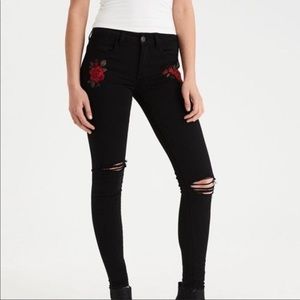 Black Distressed Skinny Jeans w/ Rose Embroidery